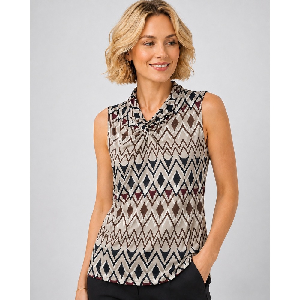 Robert Louis Womens Sleeveless Cowl Neck Geometric Print Top Tan Black Size L